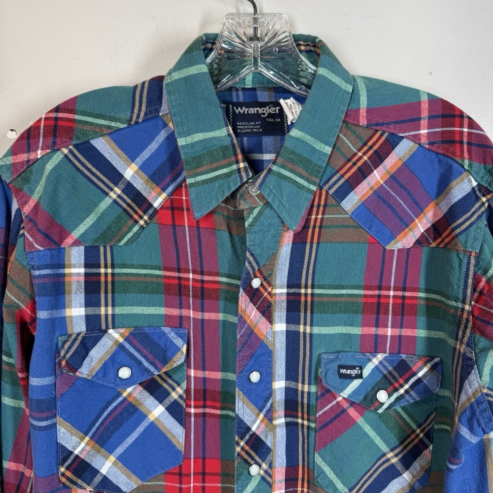 Vtg Wrangler Pearl Snap Woven Flannel Shirt Jacket Men Sz M 16.5x34 Plaid USA